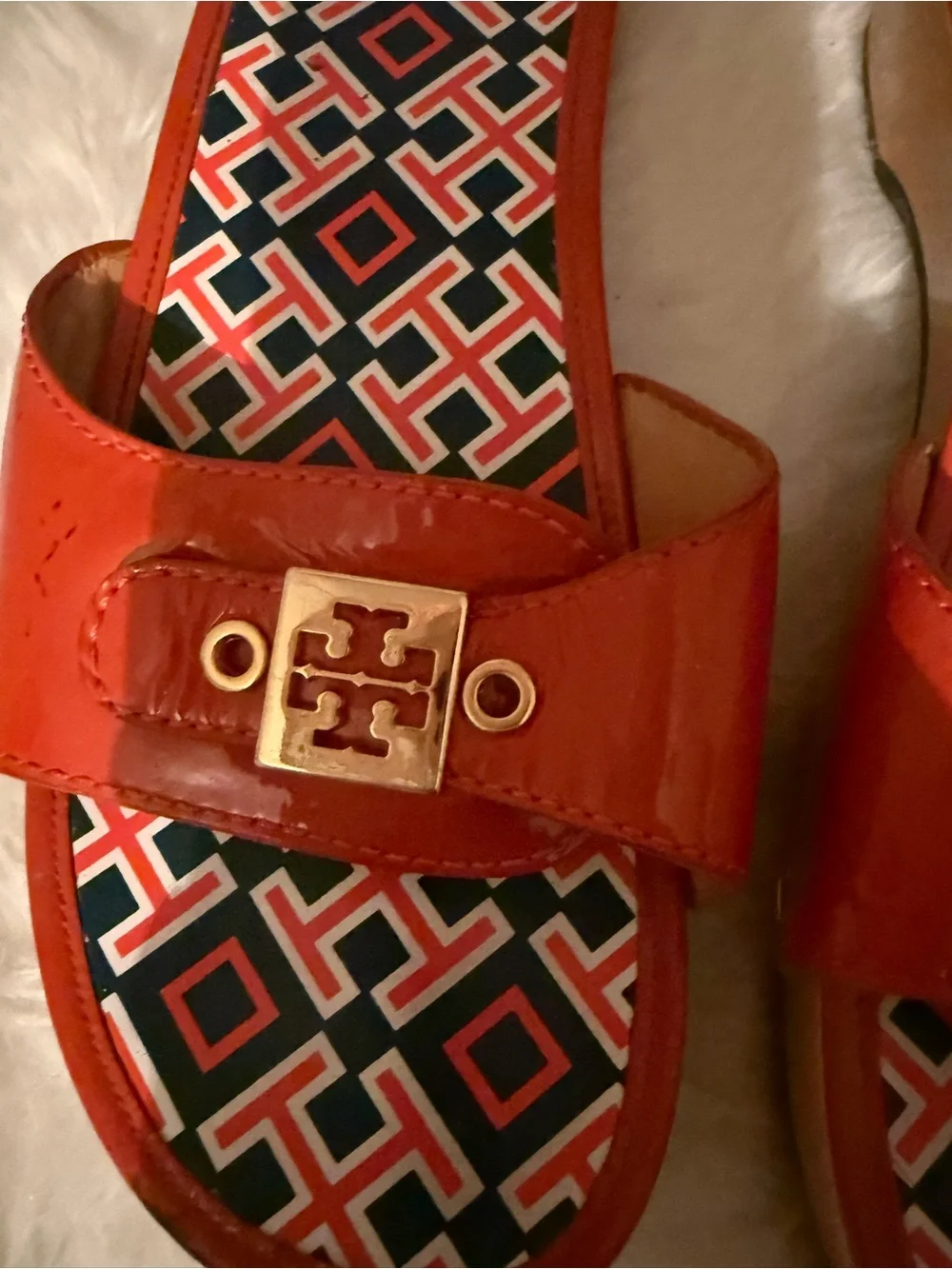 Tory Burch Kids Red-Orange Patent Slide Sandals with Logo